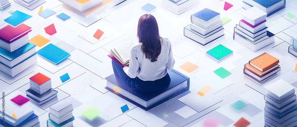 Poster sleek digital learning environment featuring holographic books, an ai tutor avatar, and dynamic abst