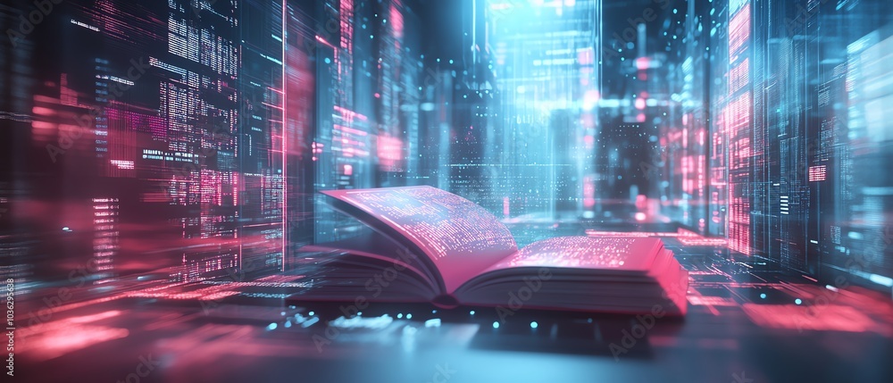 Aufkleber sleek digital learning environment featuring holographic books, an ai tutor avatar, and dynamic abst