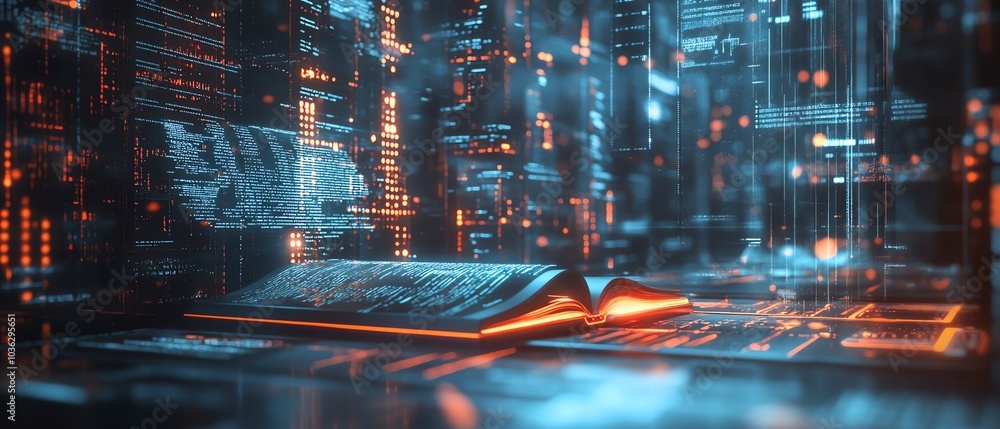 Aufkleber sleek digital learning environment featuring holographic books, an ai tutor avatar, and dynamic abst