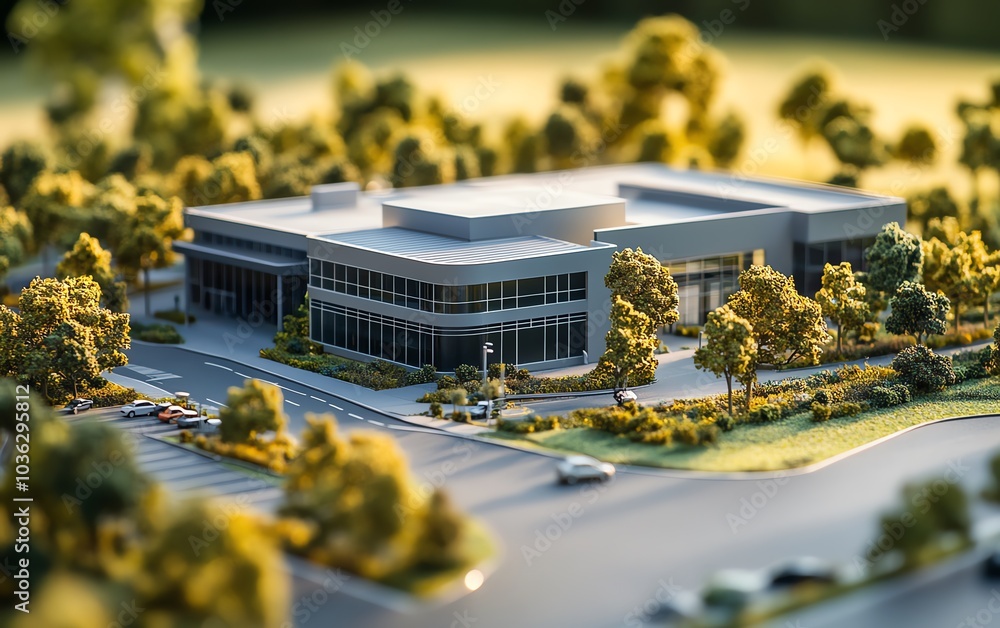 Fototapete architectural scale model of a contemporary business park development, highlighting office spaces an