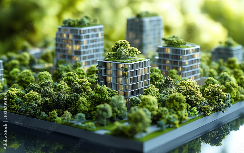 Poster Contemporary business park development project in an architectural scale model, featuring office spaces and green areas in a highquality 3D rendering