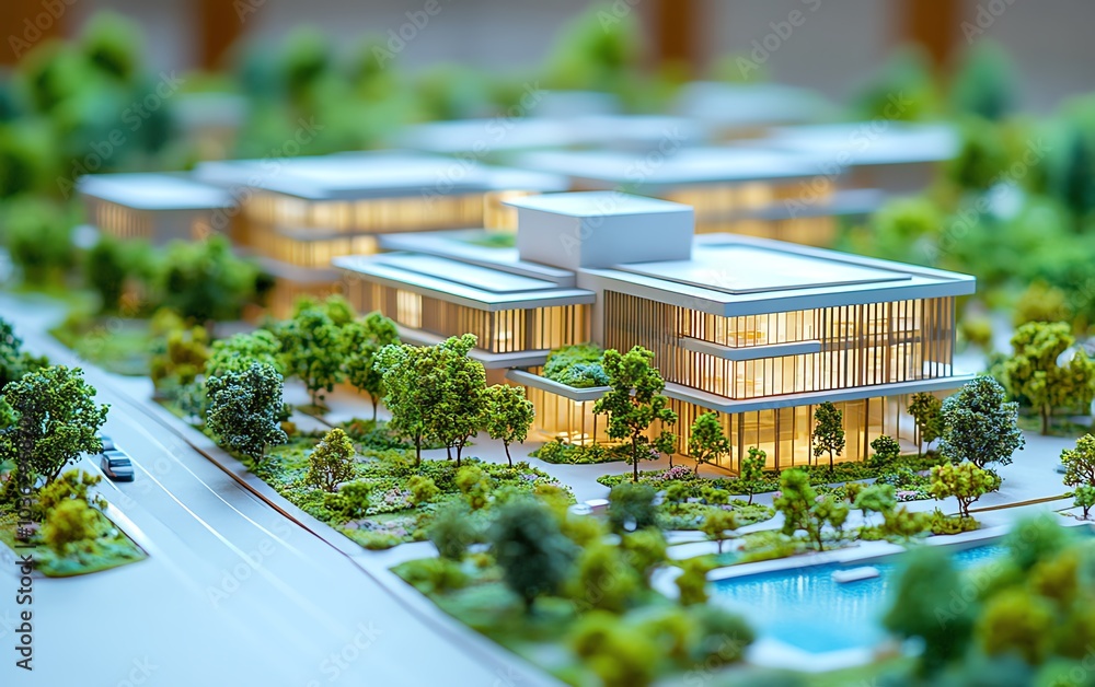 Poster contemporary business park development project in an architectural scale model, featuring office spa