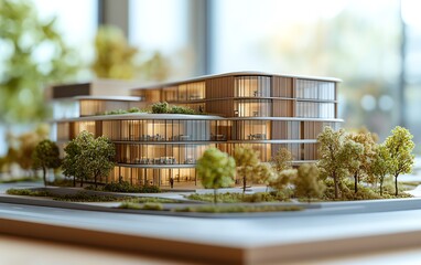 Detailed architectural scale model of a modern business park development, presented in a captivating 3D rendering showcasing office facilities
