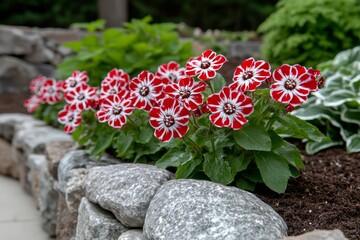 A garden bed filled with Silene Chalcedonica (Maltese-cross) flowers, their striking red blossoms standing out against a backdrop of greenery