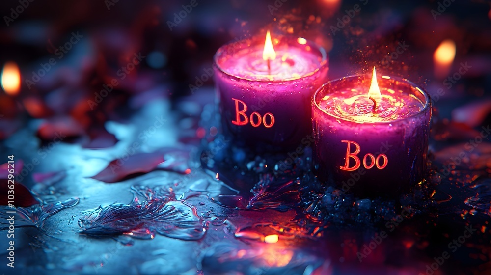Poster spooky 3d boo text with floating candles in dark and moody halloween setting haunting and eerie atmo