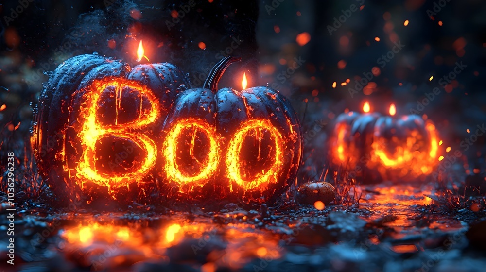 Poster spooky 3d boo text with floating candles in a dark eerie halloween setting featuring a moody mysteri