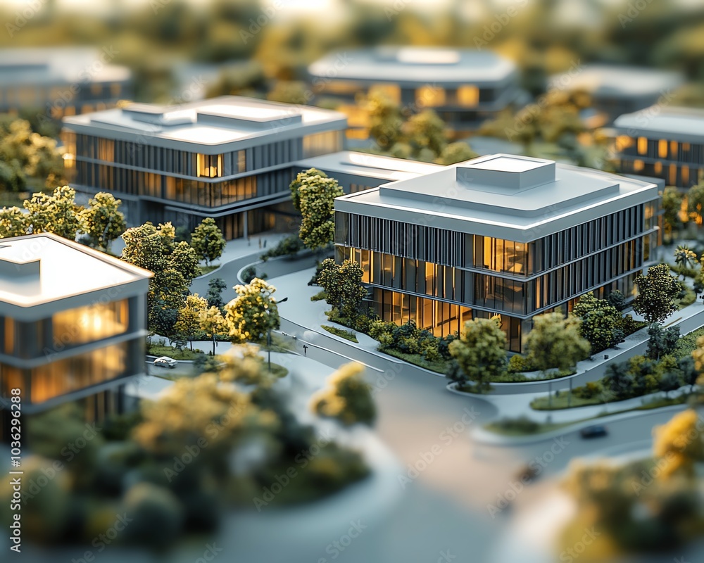 Poster 3d rendering of a modern business park development project, featuring an intricate architectural sca
