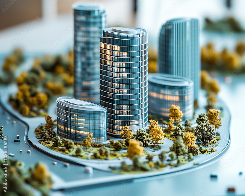 Poster 3d rendering of a modern business park development project, featuring an intricate architectural sca