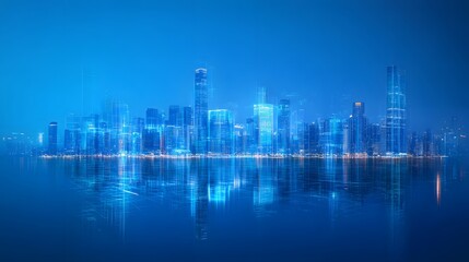 Fototapeta premium Xiamen blue tone skyline synthesized by particle lines. 