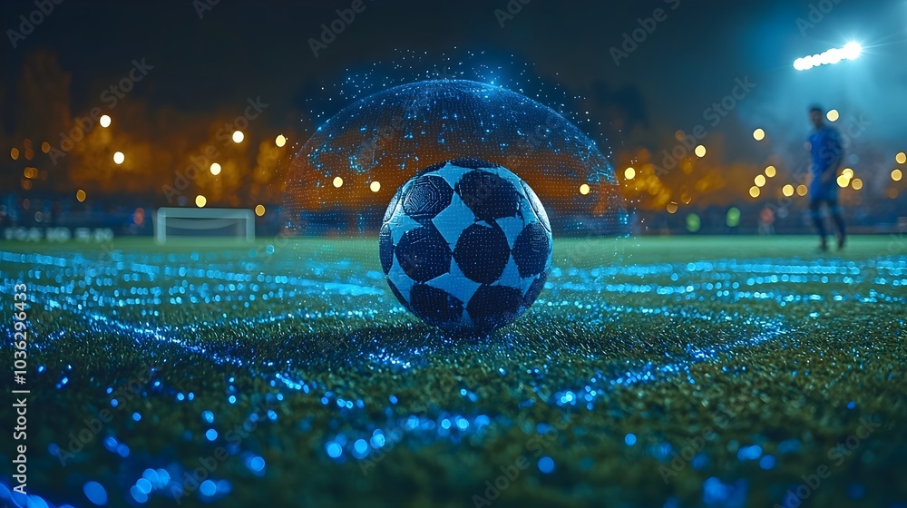 Poster a photograph of a soccer pitch with holographic ball tracking and game stats hovering above the cent