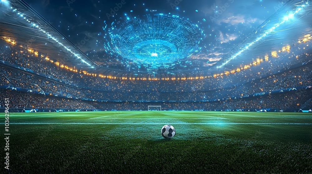 Poster futuristic soccer pitch with holographic ball tracking and game stats hovering above the center circ