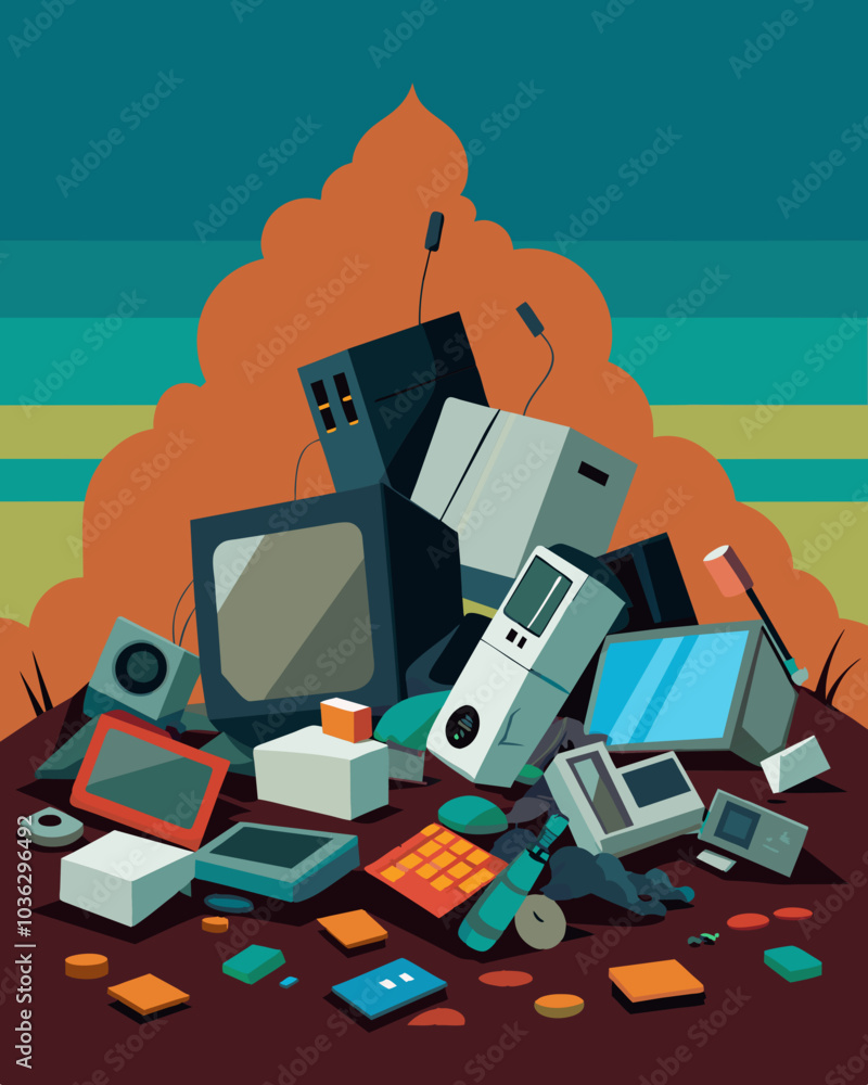 Poster discarded electronics and appliances clutter abandoned lots creating an ewaste disaster.. vector ill