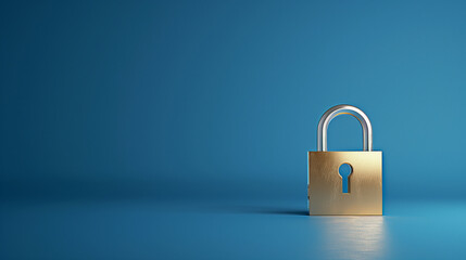 Naklejka premium A close-up of a golden padlock placed on a smooth blue background, representing concepts of security, protection, and privacy