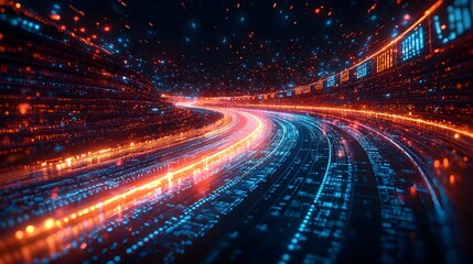 Obraz premium A modern stadium running track featuring a holographic display system that shows real time race statistics and data along the length of the track The sleek