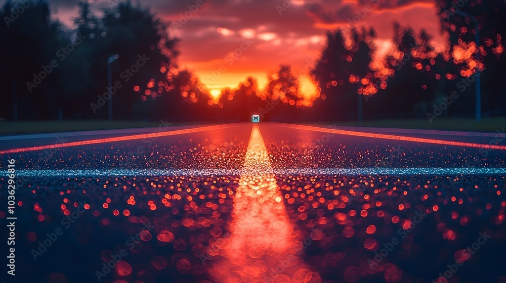 Poster photograph of a high tech running track with futuristic holographic lap counters and athlete informa