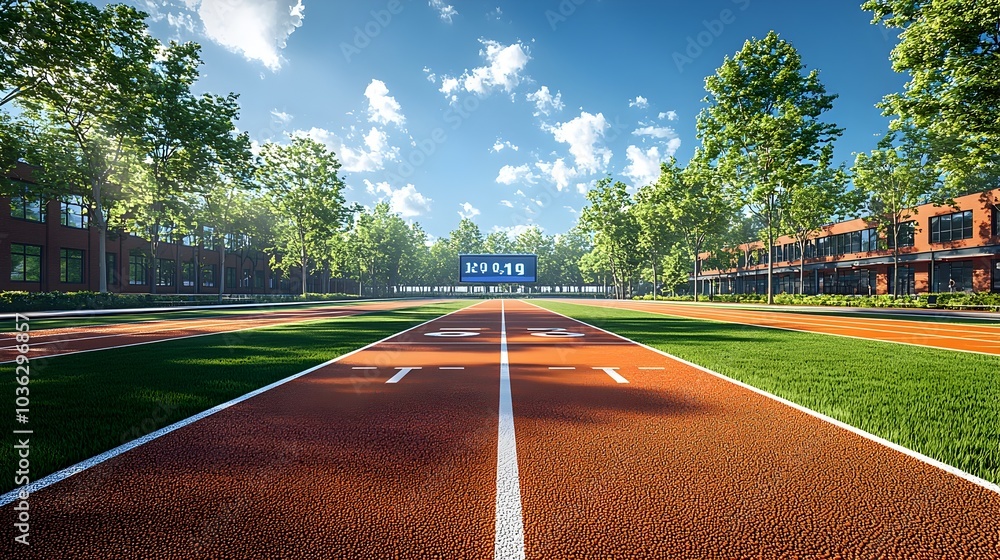 Poster a photograph of a high tech running track with holographic lap counters and projected athlete inform