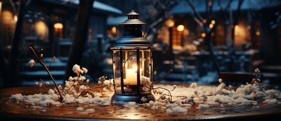 Lantern Illuminates Snowy Table Outdoors at Night