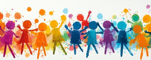Illustration of diverse stick figures in vibrant colors, forming a unified composition that embodies the concept of inclusion on a bright white background