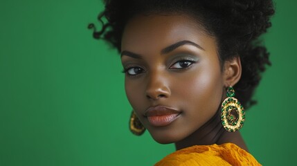 A thoughtful expression on a face framed by natural curls highlighting traditional earrings all complemented by a deep green setting.
