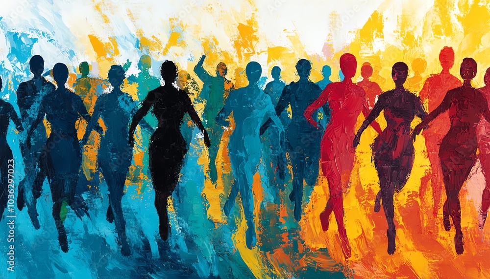 Poster stylized human figures representing a diverse crowd in motion, overlapping in an abstract design tha