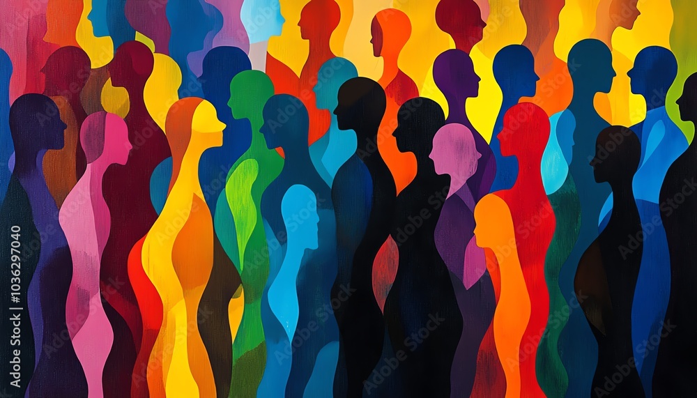 Poster stylized human figures representing a diverse crowd in motion, overlapping in an abstract design tha