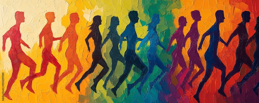 Poster stylized human figures in motion creating an abstract crowd, overlapping and merging to symbolize un