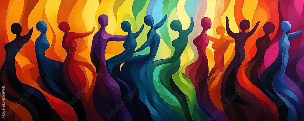 Poster stylized human figures in motion creating an abstract crowd, overlapping and merging to symbolize un