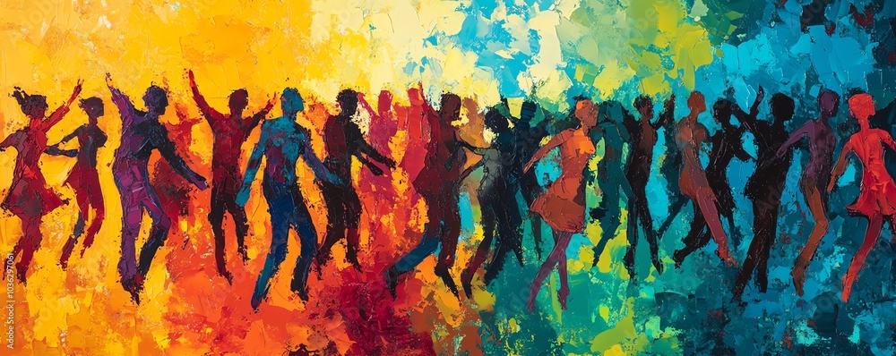 Poster Stylized human figures in motion creating an abstract crowd, overlapping and merging to symbolize unity and community in a palette of vibrant contrasting hues