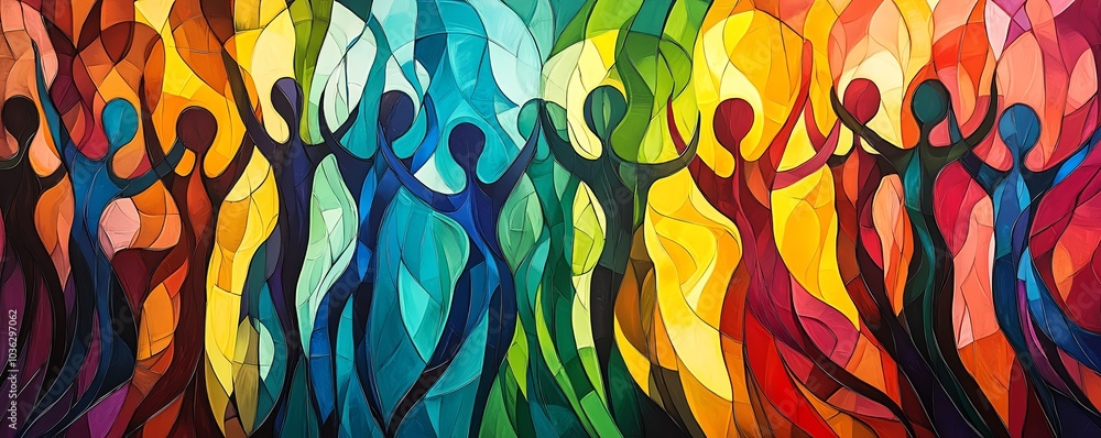 Poster Stylized human figures in motion creating an abstract crowd, overlapping and merging to symbolize unity and community in a palette of vibrant contrasting hues