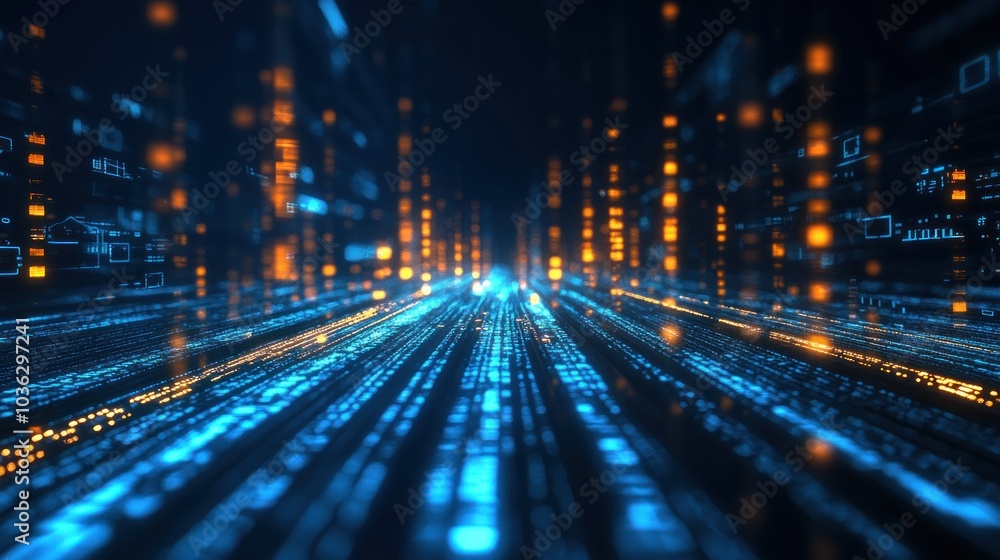 Poster a futuristic digital landscape with glowing data streams and binary code.