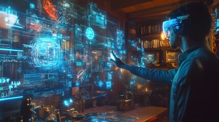 A futuristic augmented reality fantasy scene with holographic 3D animations overlaying real-world objects