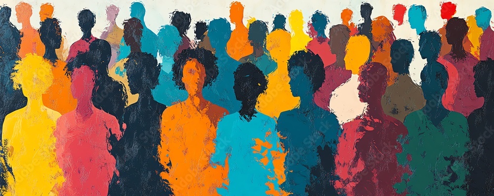 Poster abstract crowd of diverse stylized figures in motion, merging and overlapping to create a representa