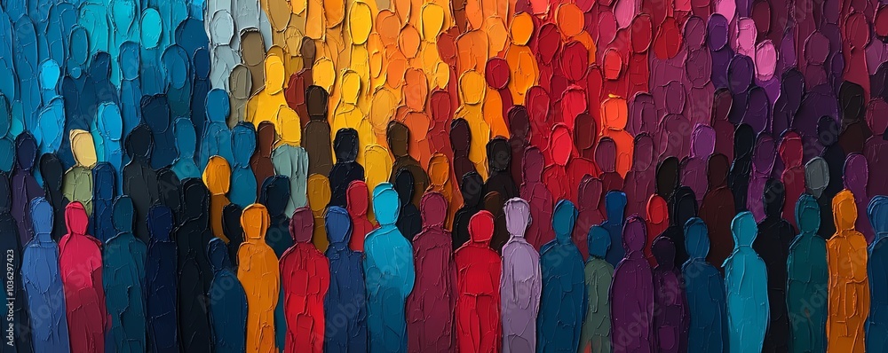Poster abstract crowd of diverse stylized figures in motion, merging and overlapping to create a representa
