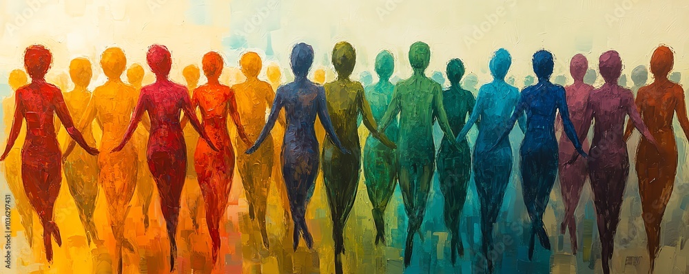 Poster abstract crowd of diverse stylized figures in motion, merging and overlapping to create a representa