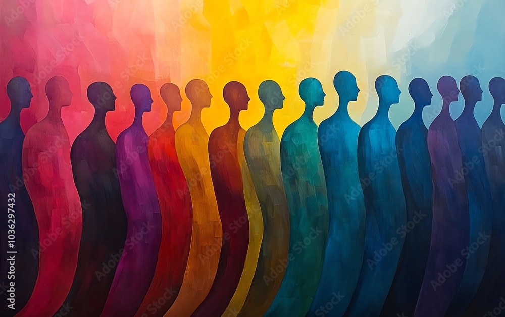 Poster abstract representation of a diverse crowd with stylized human figures in motion, merging and overla