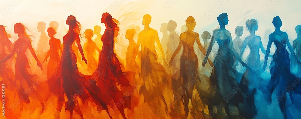 Poster abstract crowd of diverse stylized figures in motion, merging and overlapping to create a representa