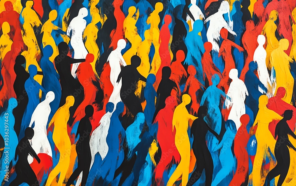 Poster abstract representation of a diverse crowd with stylized human figures in motion, merging and overla