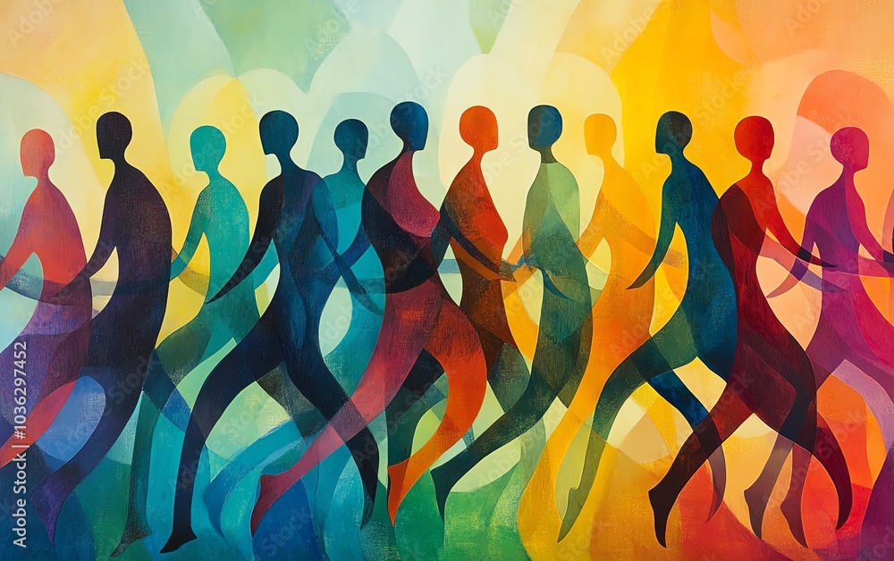 Poster abstract representation of a diverse crowd with stylized human figures in motion, merging and overla