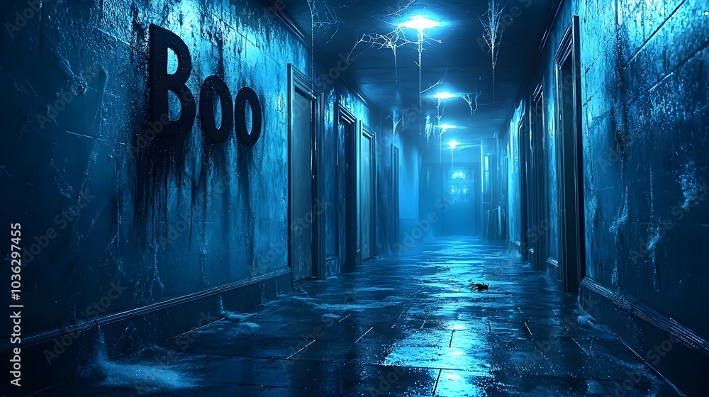 Poster eerie dripping boo text surrounded by cobwebs and crawling spiders in a dark foreboding haunted hall