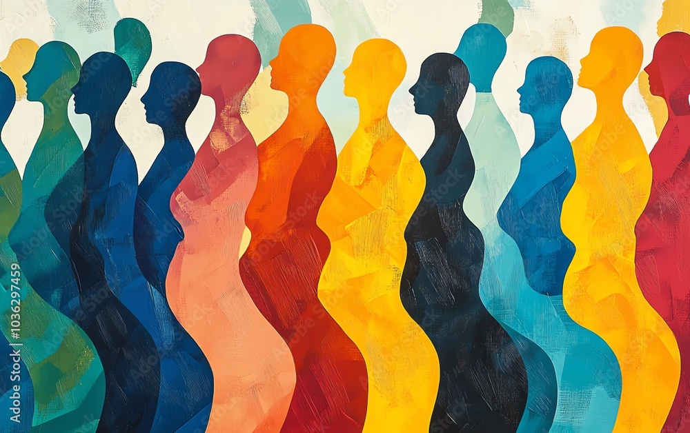 Poster abstract representation of a diverse crowd with stylized human figures in motion, merging and overla