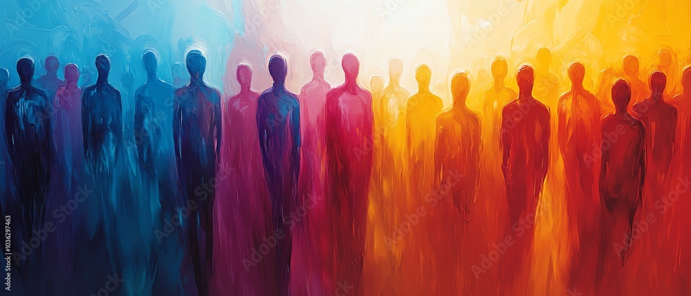 Poster abstract scene of a diverse crowd with stylized figures merging and overlapping in motion, represent