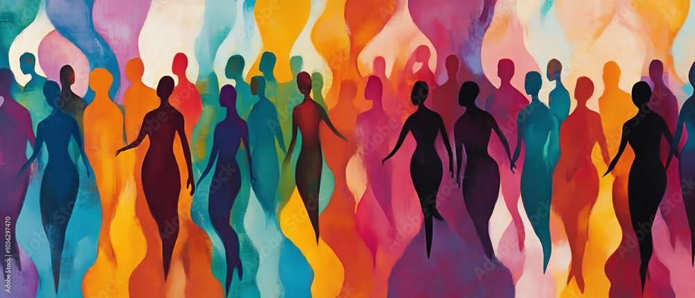 Poster abstract scene of a diverse crowd with stylized figures merging and overlapping in motion, represent
