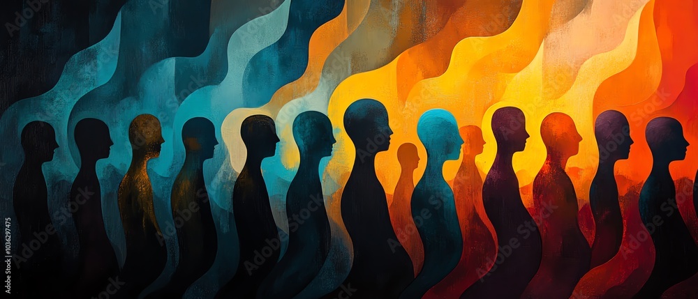 Poster abstract scene of a diverse crowd with stylized figures merging and overlapping in motion, represent