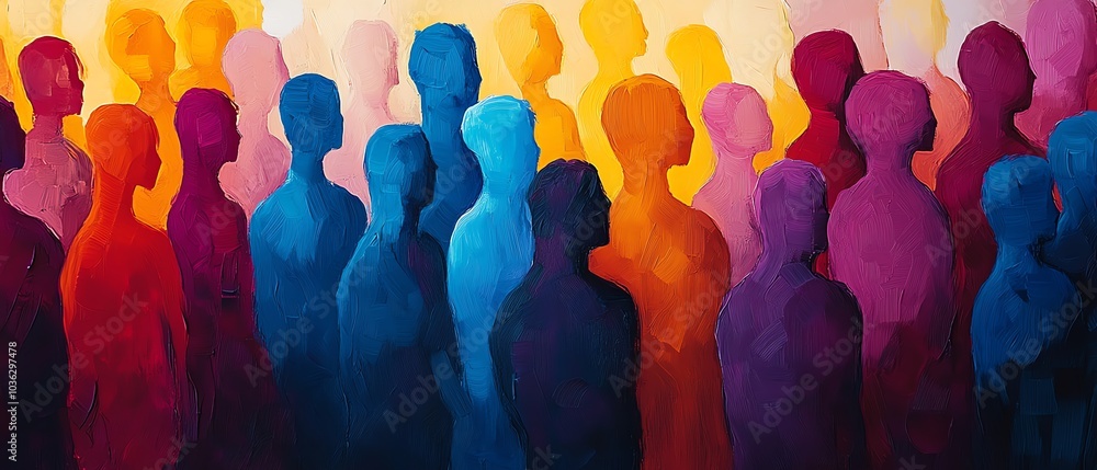 Poster abstract scene of a diverse crowd with stylized figures merging and overlapping in motion, represent