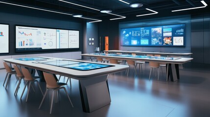 A futuristic educational lab with smart tables that display interactive learning materials and augmented reality tools for immersive teaching, Innovative learning space theme, Clean style