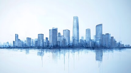 Fototapeta premium Xiamen blue tone skyline synthesized by particle lines. 