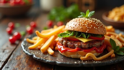  Deliciously stacked burger and fries ready to be savored