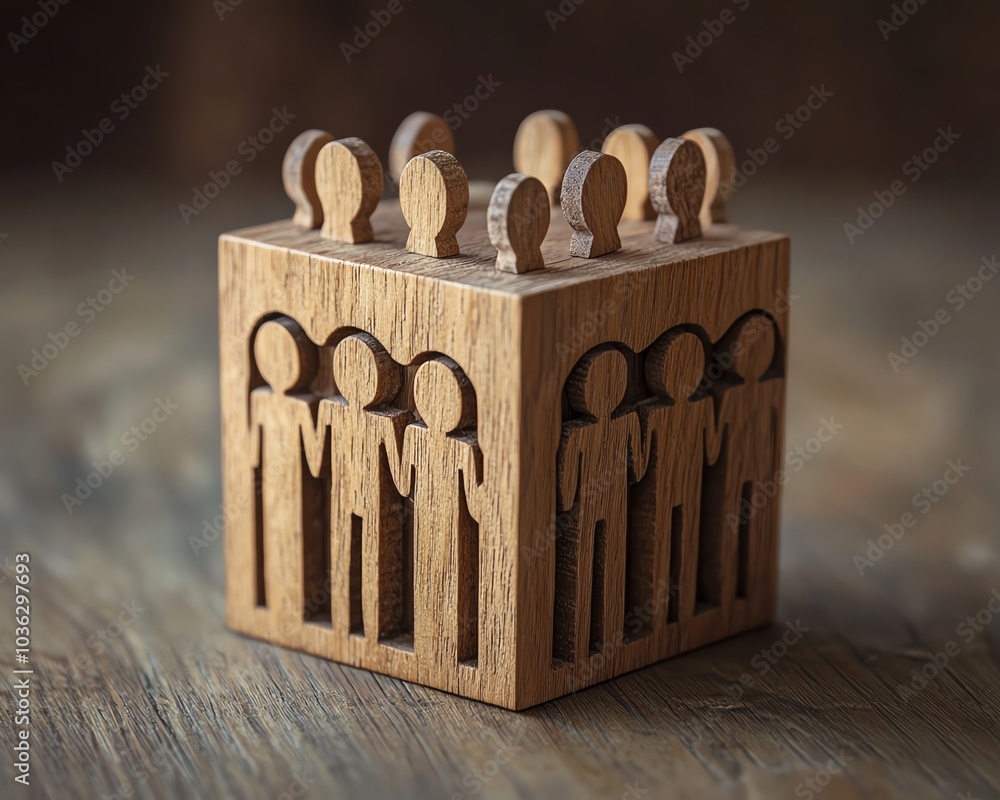Poster an engaging customer focus group icon on a wooden block, linked to human figures, capturing the idea