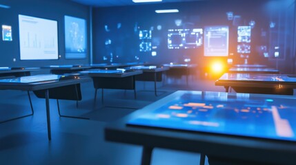 A futuristic educational space with interactive desks and augmented reality tools that create immersive learning experiences for students, Modern classroom tech theme, Innovative style