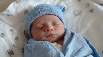 Infant Wrapped in Blue Blanket, Resting in Hospital Bassinet